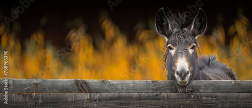   A donkey peers beyond a wooden fence, amidst a hazy backdrop of green and yellow grass and trees photo