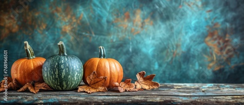   Three pumpkins sat on a wooden table with leaves © Jevjenijs