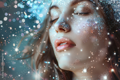 Woman With Closed Eyes Surrounded by Stars