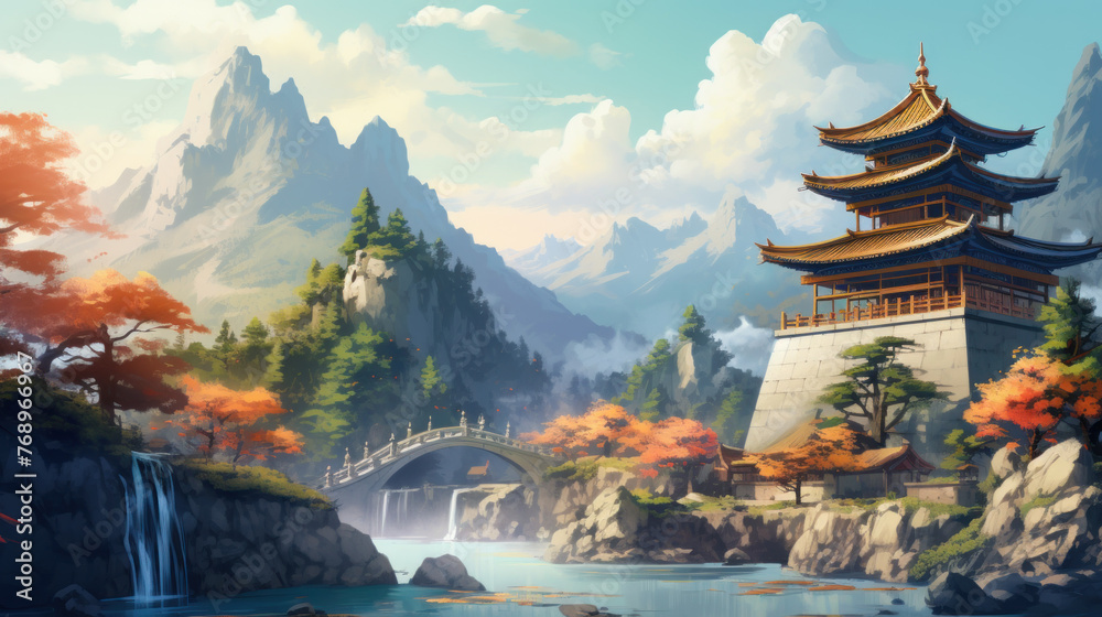 Obraz premium Mountain peak temple with autumn foliage by river. Wall art wallpaper
