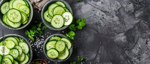   Cucumber slices are arranged in small bowls on a gray surface with a seasoning bowl nearby
