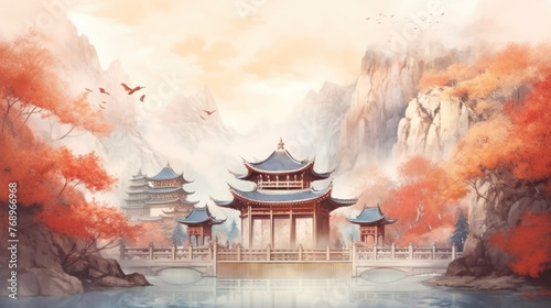 Serene temple amidst autumn foliage by watercolor mountains. Wall art wallpaper