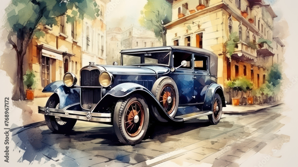 Elegant vintage automobile parked on European street scene. Wall art wallpaper - obrazy, fototapety, plakaty 