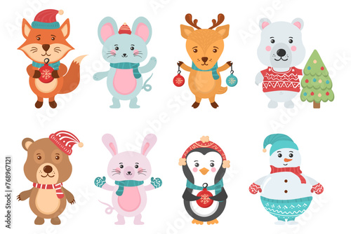 Holidays cartoon character in flat design. Greeting flyers. Hand drawn card  banner with Christmas cute animals and snowmen in Santa Claus hats  sweaters  lights. Vector illustration.
