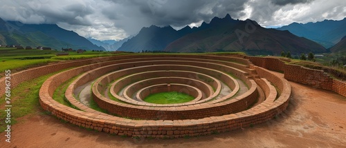  A towering circular edifice rests atop a verdant field, surrounded by verdant fields and majestic mountains in the distance