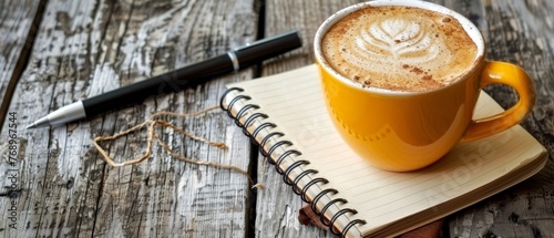  A cup of cappuccino resting on a wooden table alongside a pen and notebook