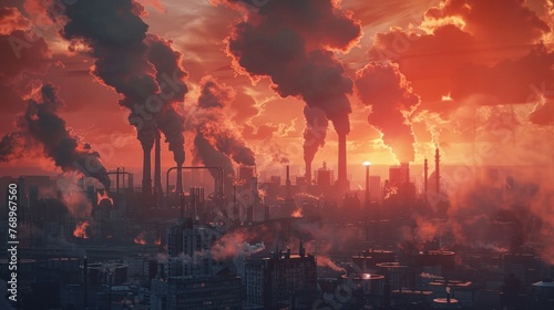 Apocalyptic industry skyline red emissions marking human impact on Earth