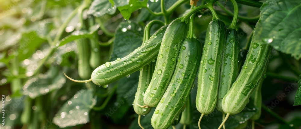 A green cucumber hanging from a plant with water droplets on it and green leaves in the background A green cucumber hanging from a plant with water droplets on it and green leaves in the background