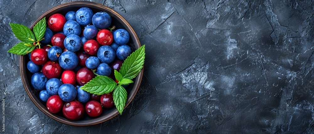 A bowl full of blueberries, raspberries, and cherries on a dark background, viewed from above A bowl full of blueberries, raspberries, and cherries on a dark background, viewed from above