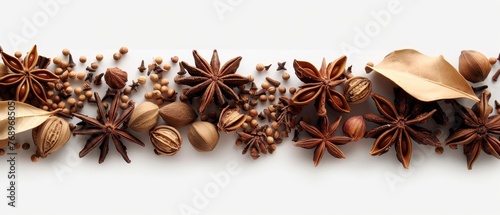  An assortment of nuts and star anise on a white background with space for the word star anise