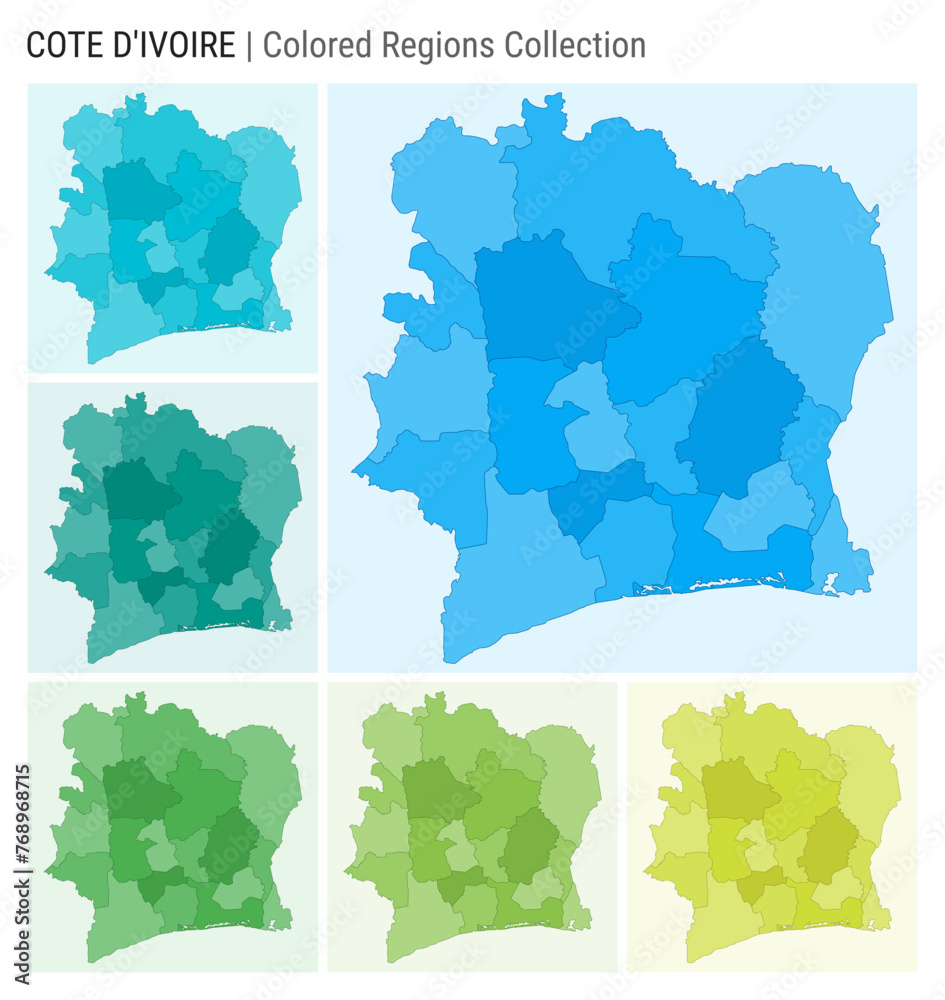 Ivory Coast map collection. Country shape with colored regions. Light Blue, Cyan, Teal, Green, Light Green, Lime color palettes. Border of Ivory Coast with provinces for your infographic.