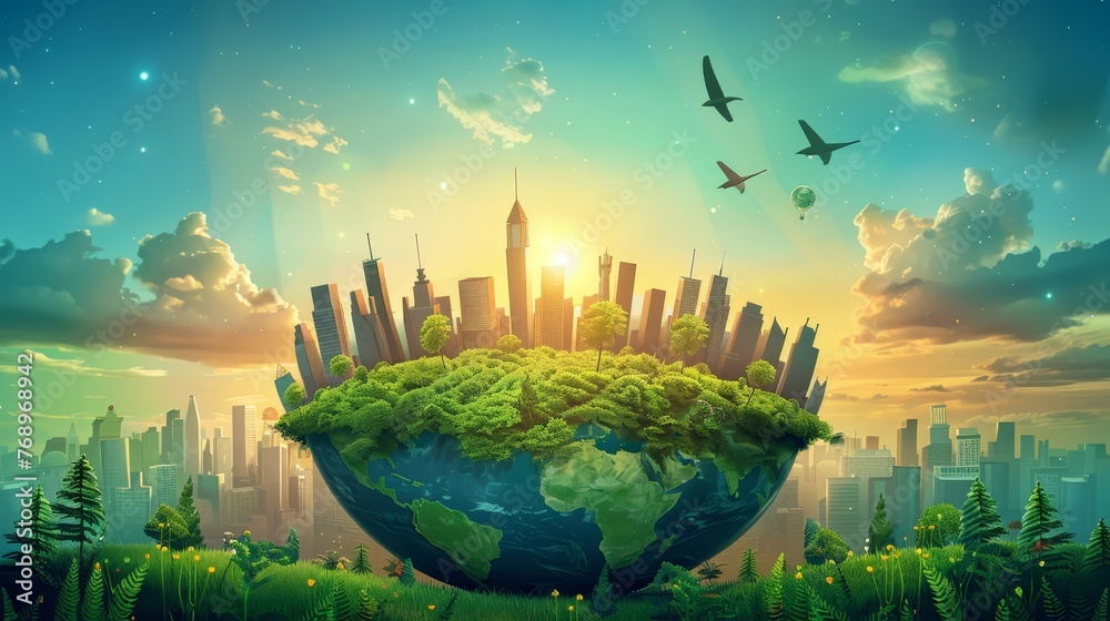   A painting depicts a city situated on a verdant planet, with trees framing the foreground and avian creatures soaring through the backdrop