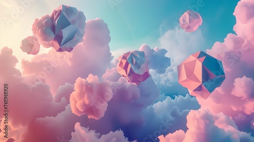 Tranquil 3D Geometric Shapes Floating among Pastel Gradient Clouds photo