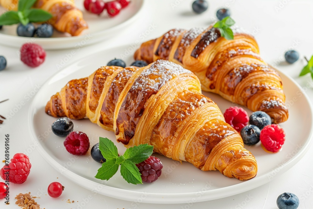 Croissants on a plate with berries on white background. Croissants on a plate with berries on white background.