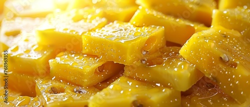  Close-up of a cut pineapple on a cutting board with water droplets