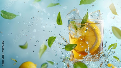 Tea with lemon and ice, beautifully flying leaves, beautiful splashes, Advertising, banner photo