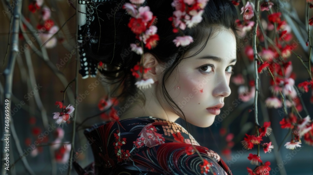 Japanese woman in a traditional kimono on dark background. Female in asian clothes. Japanese woman in a traditional kimono on dark background. Female in asian clothes.