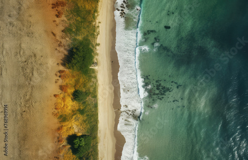 Aerial view of the road along the coast from the drone. Travel by car in summer time. The sea coast and the road.  photo