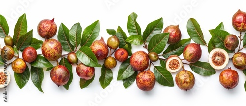   A group of fruits is placed on a green-leafed table near a set of fruits on a white surface