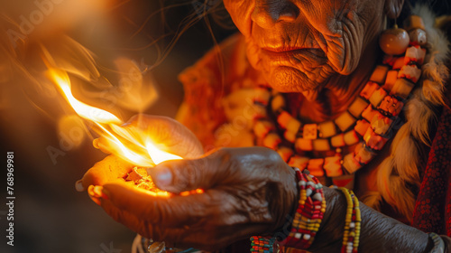 Skilled shaman of an ancient tribe, channeling the energy of fire in a symbolic demonstration of power and spirituality