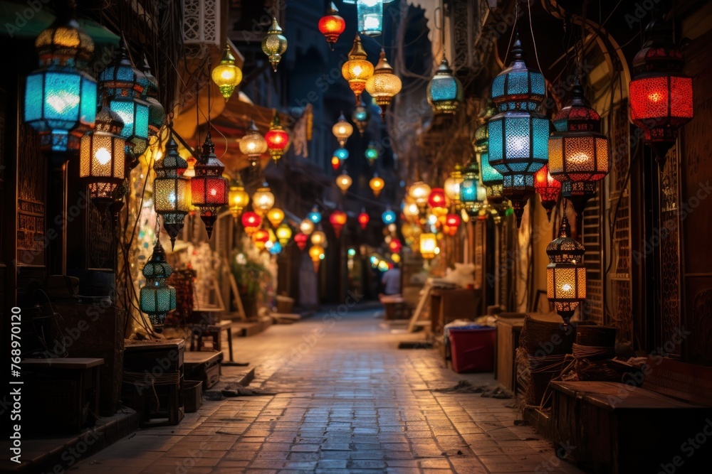 Ramadan celebration with colorful lanterns in an old town