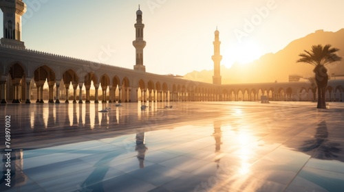 Sunrise over mosque with minarets during Ramadan