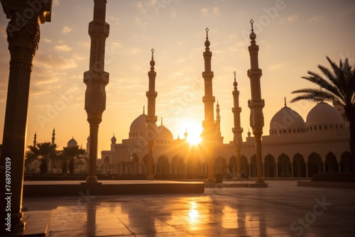 Warm sunrise behind mosque silhouette during Ramadan