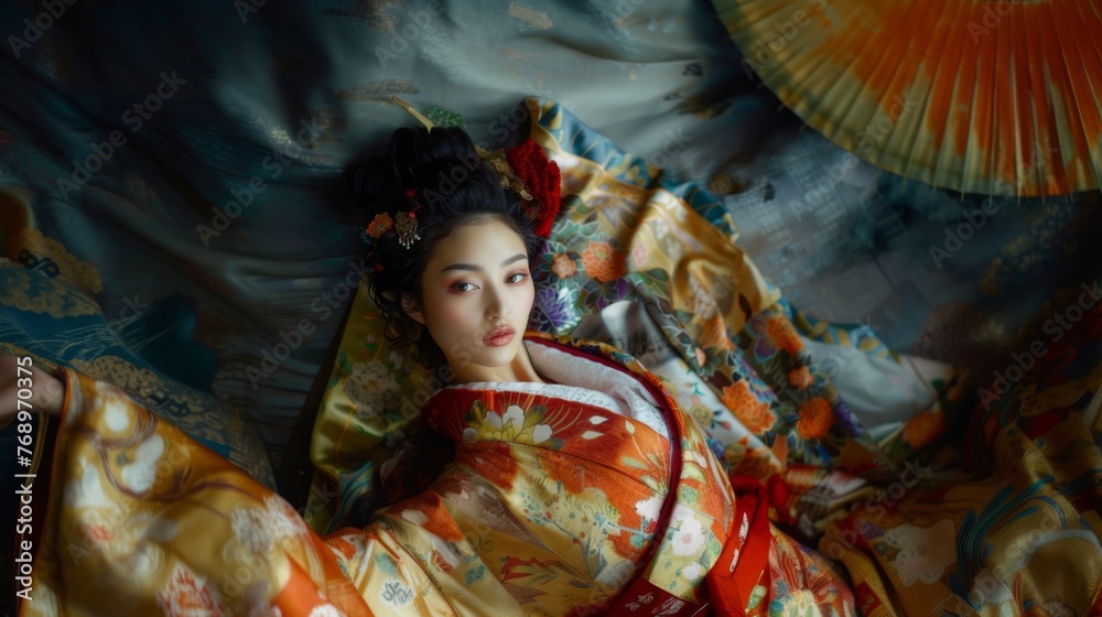 Japanese woman in a traditional kimono on textile background. Female in asian clothes. Japanese woman in a traditional kimono on textile background. Female in asian clothes.