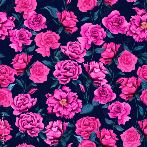 Watercolor flowers pattern, pink romantic roses, blue leaves, navy blue background, seamless