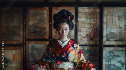 Japanese woman in a traditional kimono on wooden background. Female in asian clothes. 