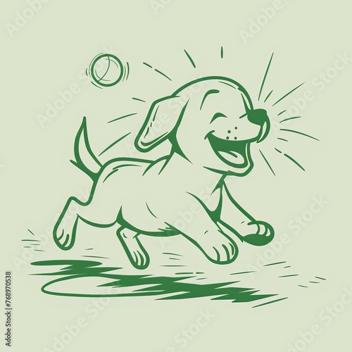   A sketch of a canine sprinting with a ball in its jaws and an aerial tennis ball