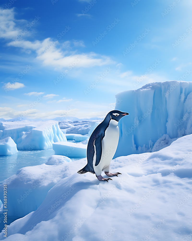 Obraz premium Penguins walking on a vast snow glacier under the hot sun
