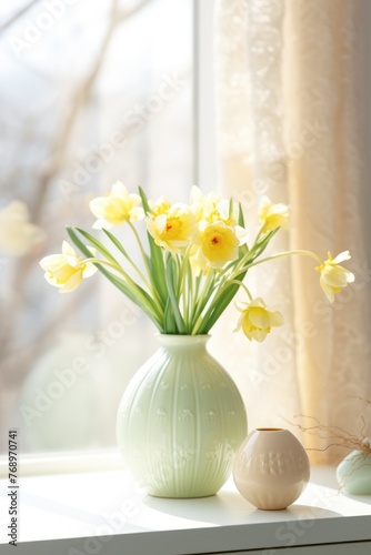 Spring flowers in vase in day sun light