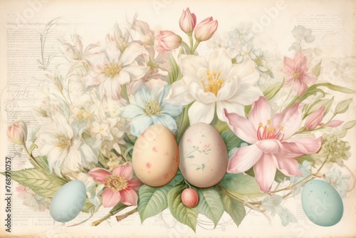 Antique Easter card design with eggs and spring flowers