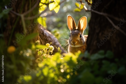 Curious wild rabbit peeking in sun-drenched woodland