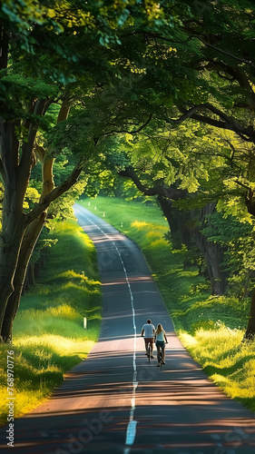 A cyclist navigates a city lane on a summer day, with a clear blue sky and green trees lining the route