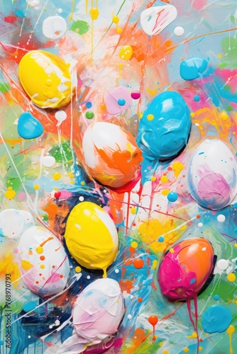 Colorful abstract art with Easter egg motifs on canvas