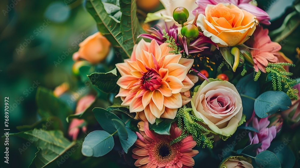 Captured in Vibrant Bouquet: Roses and Dahlias in a Festive Array of Hues Captured in Vibrant Bouquet: Roses and Dahlias in a Festive Array of Hues