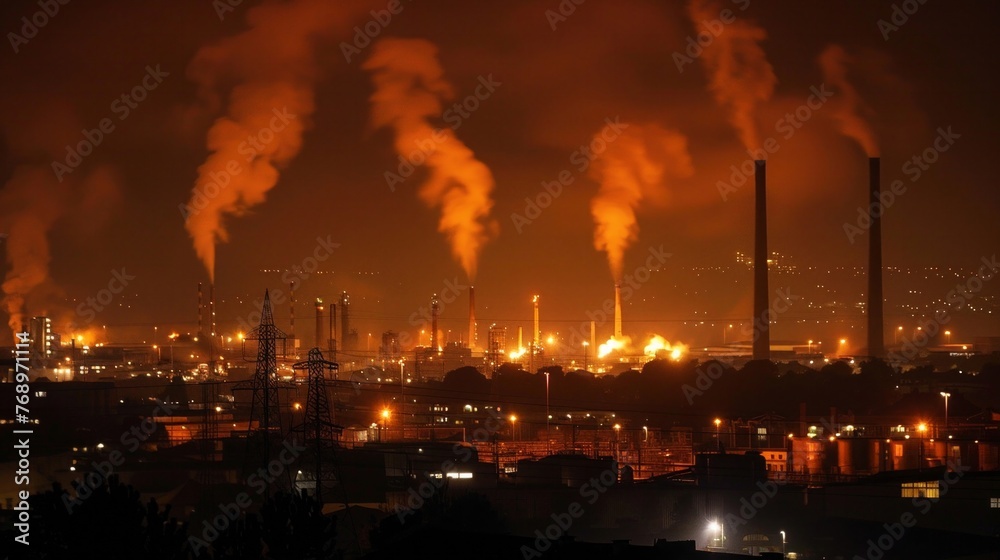Factory stacks exhale fiery plumes a dire warning of unchecked industrialization