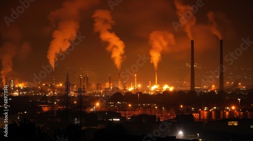 Factory stacks exhale fiery plumes a dire warning of unchecked industrialization