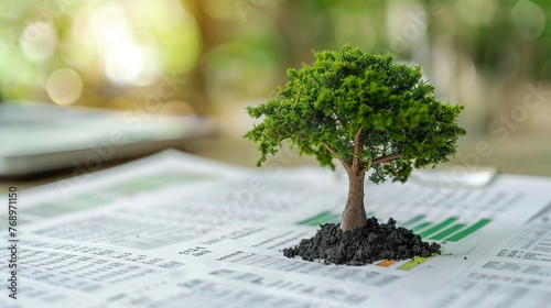 Analyst charts sustainable growth miniature trees sprouting from financial reports photo