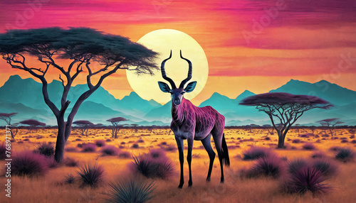 Très jolie illustration d'une antilope au beau milieu de la savane africaine, coucher de soleil, jolies couleurs 