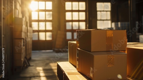 Ecommerce hustle sunlight streams on parcels ready for dispatch photo