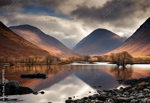 Beautiful sunset view of mountains mirrored in the water at Loch Etive near Glen Etive, Scotland.