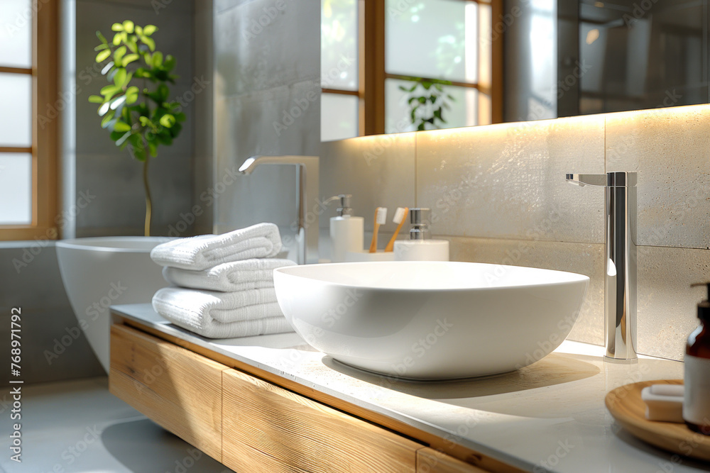 Fototapeta premium Modern Bathroom Interior with Sunlit Plant.