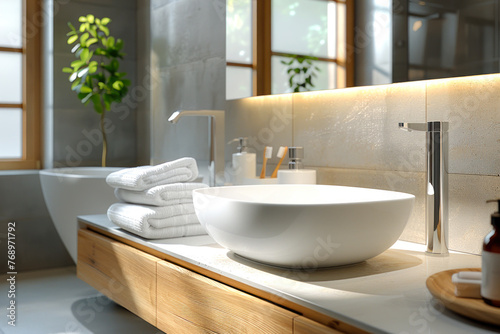 Modern Bathroom Interior with Sunlit Plant.