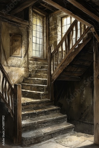 Step back in time with a medieval house staircase, featuring stone steps and wooden handrails 🏰✨. Transporting you to the historic ambiance of a bygone era.