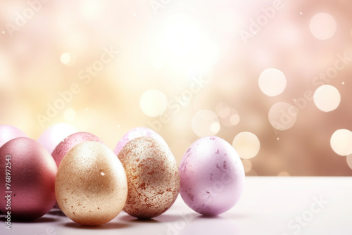 Assorted Easter eggs with soft bokeh light backdrop