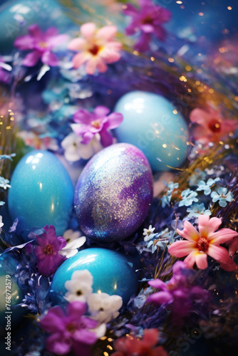 Sparkling easter eggs among purple flowers with dreamy bokeh