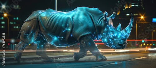 A holographic rhinoceros on a street, blending reality with the virtual 🦏✨. A futuristic marvel in an urban setting.